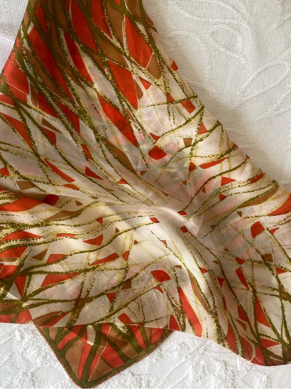 Vintage silk scarf, abstract print, orange, cream and green - Picture 2 of 8
